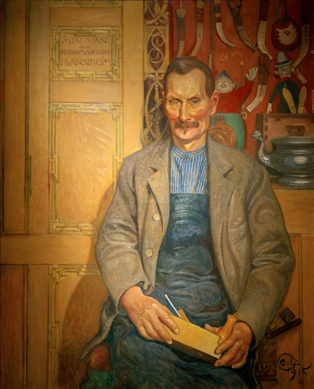 Sitzender Schreiner in Latzhose mit Hobel vor Holztür und Spielzeug – Carl Larsson Der Schreiner Hans Arnbom Kunstkopie