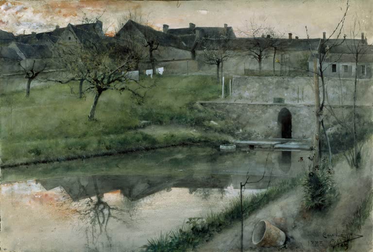 Dorfteich mit Spiegelbild, Häusern und Waschhaus bei Dämmerung – Carl Larsson Der Teich von Grezsur-Loing Kunstkopie