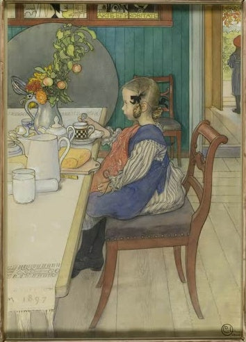 Mädchen am Frühstückstisch mit Blumenvase – Carl Larsson Der traurige Frühstückstisch Kunstkopie