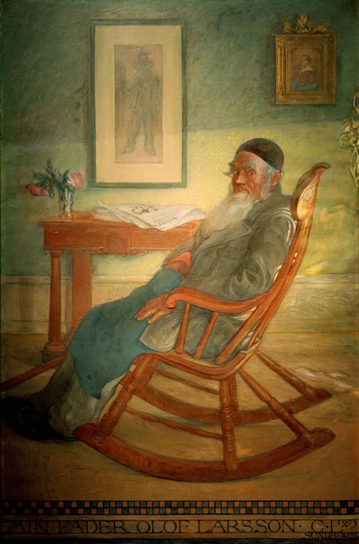 Alter Mann mit weißem Bart sitzt im roten Schaukelstuhl vor grüner Wand – Carl Larsson Der Vater des Künstlers Kunstkopie