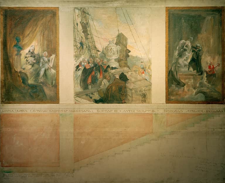 Drei Bildfelder mit Königin, Schiffsfracht und Bildhaueratelier – Carl Larsson Der Zweite Entwurf Nordwand Kunstkopie