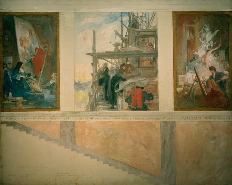 Drei Bildfelder mit Maler am Hof, Gerüst am Schlossbau und Atelier – Carl Larsson Der Zweite Entwurf Südwand Kunstkopie