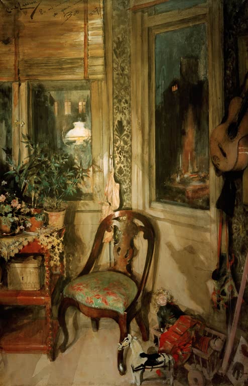 Ecke mit Stuhl, Spielzeugpferd, Puppe und Gitarre vor Fenstern am Abend – Carl Larsson Die Spielzeugecke Kunstkopie
