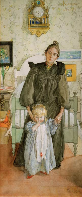 Frau im dunklen Kleid mit blondem Kleinkind vor grünem Bett – Carl Larsson Karin und Kersti Kunstkopie