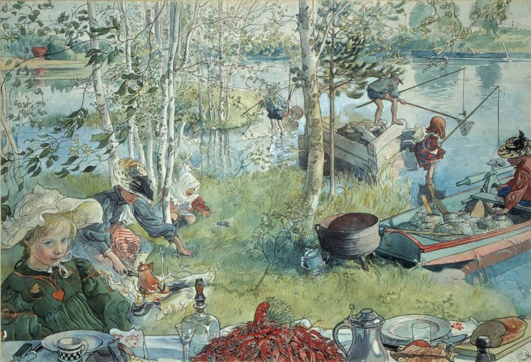 Kinder und Boot am See beim Krebsfest, Krebse auf dem Tisch – Carl Larsson Krebsfang Kunstkopie