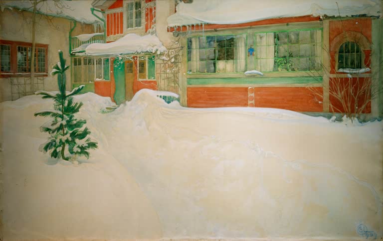 Rotes Holzhaus mit Veranda hinter tiefen Schneewehen, links eine junge Tanne – Carl Larsson Schnee Kunstkopie