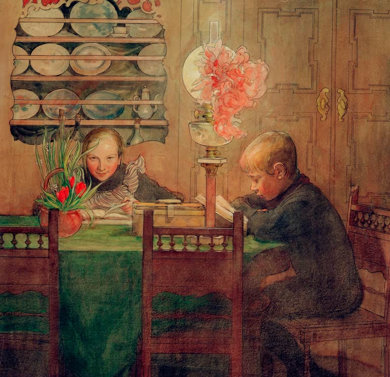 Zwei Kinder machen bei Lampenlicht am gedeckten Tisch Hausaufgaben – Carl Larsson Schularbeiten Kunstkopie