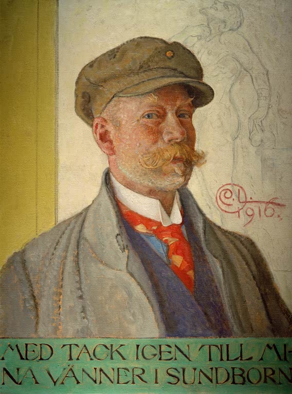 Selbstbildnis mit Schirmmütze, rotem Halstuch und Schnurrbart – Carl Larsson Selbstbildnis mit König Domalde Kunstkopie