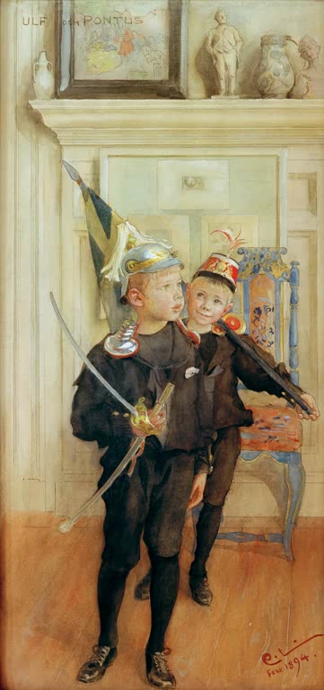 Zwei Jungen in dunkler Uniform mit Helm, Säbel und Fahne vor einem Kamin – Carl Larsson Ulf und Pontus Kunstkopie