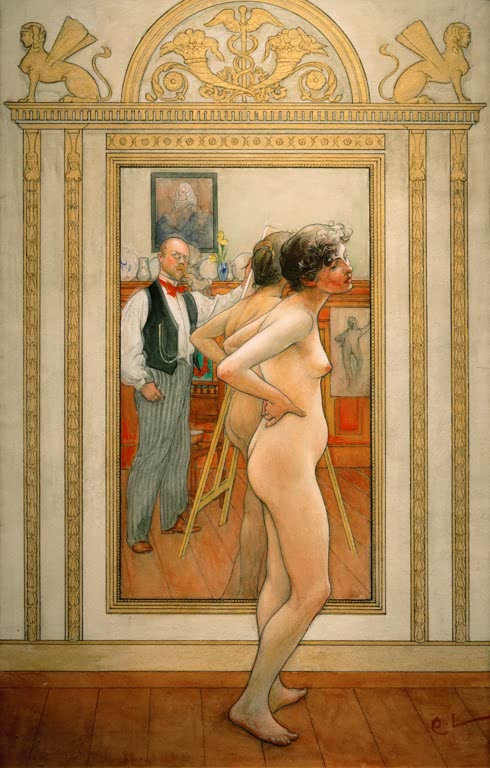 Nacktes Modell vor einem Spiegel, in dem der Maler mit Weste und roter Fliege steht – Carl Larsson Vor dem Spiegel Kunstkopie