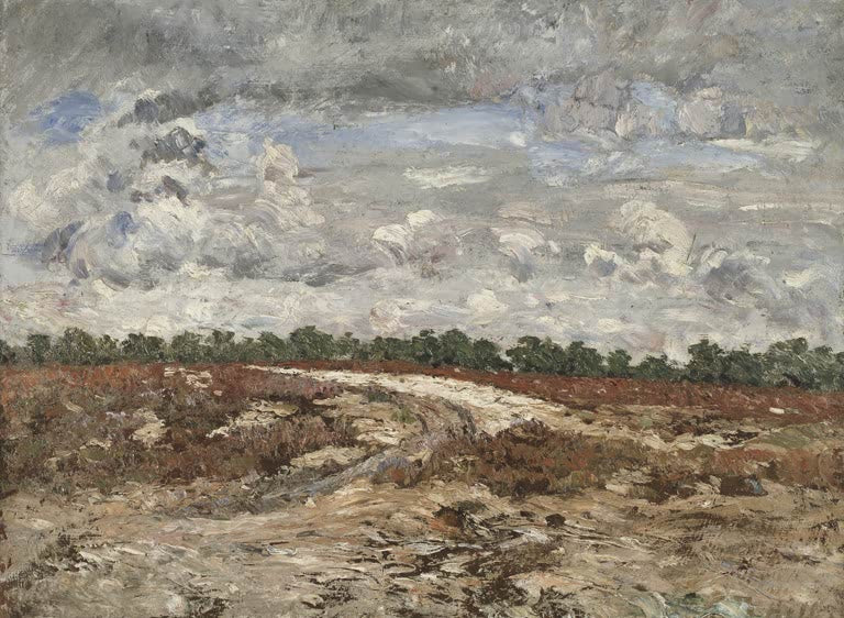 Heidelandschaft mit Wegspur und dunklen Bäumen unter Wolken – Carl Larsson Wildes Land im Wald von Fontainebleau Kunstkopie