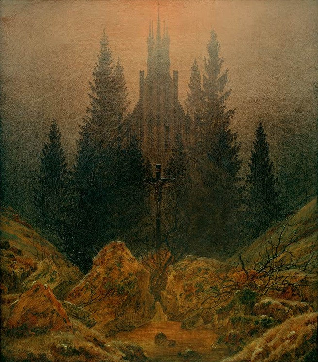 Kruzifix zwischen hohen Tannen vor gotischer Kathedrale im Nebel – Caspar David Friedrich Das Kreuz im Gebirge Kunstkopie