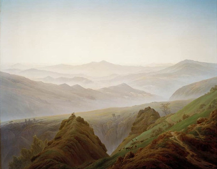 Nebliges Gebirge, davor grüne Felsgrate – Caspar David Friedrich Der Morgen im Gebirge Kunstkopie