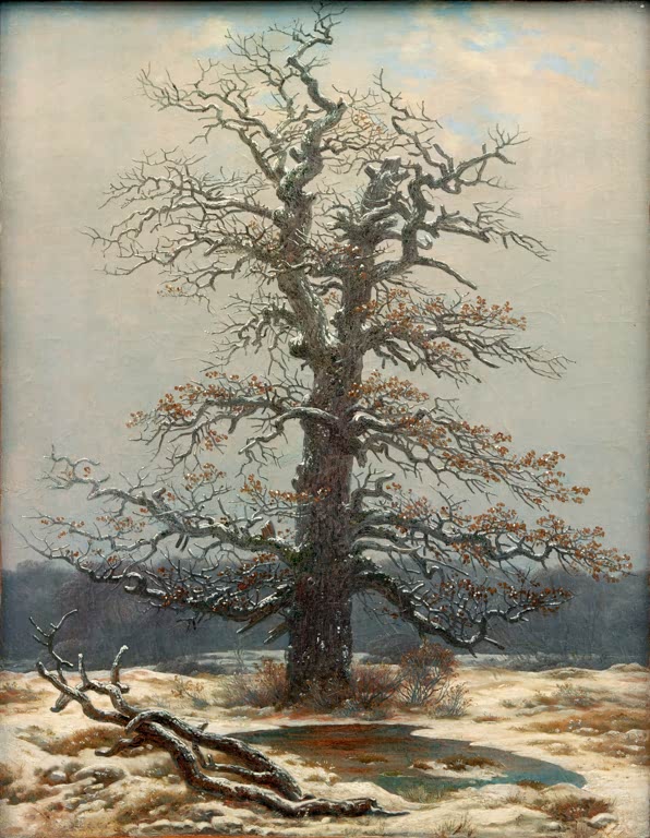 Kahle Eiche mit Resten von Herbstlaub im Schnee neben einem Tümpel – Caspar David Friedrich Eiche im Schnee Kunstkopie