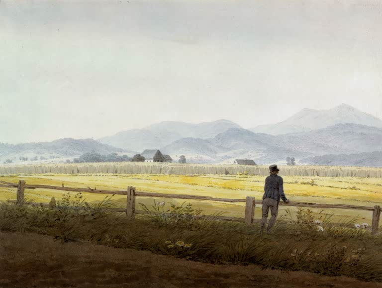 Mann am Holzzaun blickt auf Felder und Gebirge – Caspar David Friedrich Gebirgslandschaft mit Figur Kunstkopie