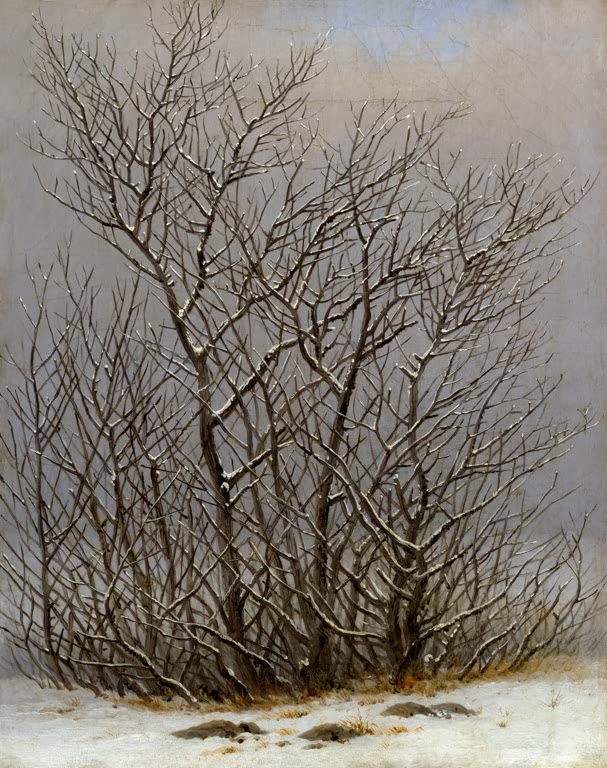Kahles verschneites Gebüsch vor grauem Winterhimmel – Caspar David Friedrich Gebüsch im Schnee Kunstkopie