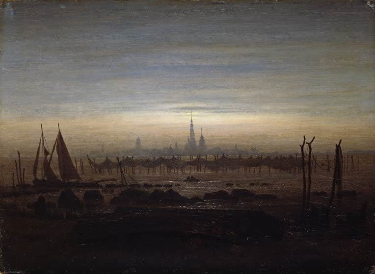 Segelboote und Netze am Ufer, Stadtsilhouette im Dämmerlicht – Caspar David Friedrich Greifswald im Mondschein Kunstkopie