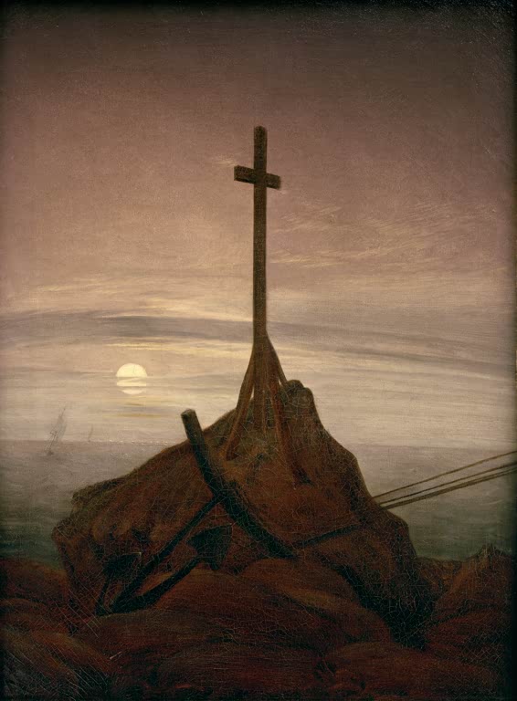 Hohes Holzkreuz mit Anker auf einem Felsen vor Mond und dunklem Meer – Caspar David Friedrich Kreuz an der Ostsee Kunstkopie
