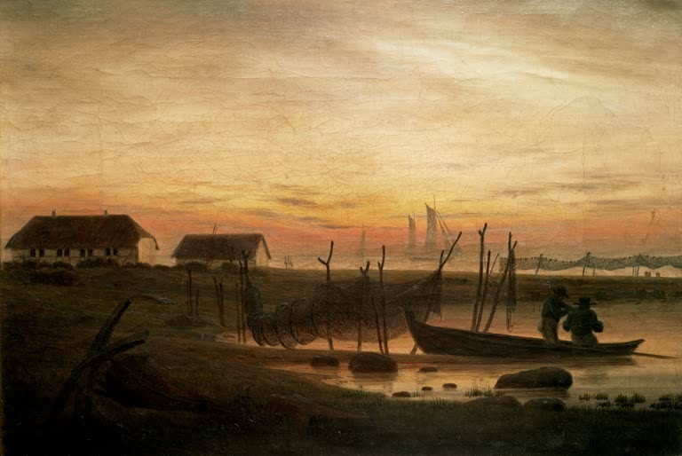 Fischerboot mit zwei Männern und Hütten im Abendrot – Caspar David Friedrich Küstenlandschaft im Abendlicht Kunstkopie