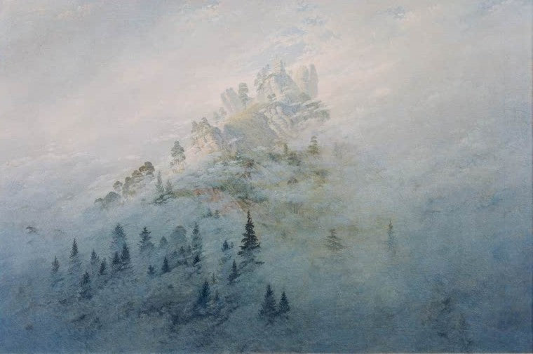 Felsen und Tannen im Gebirge, von blauem Morgennebel verhüllt – Caspar David Friedrich Morgennebel im Gebirge Kunstkopie