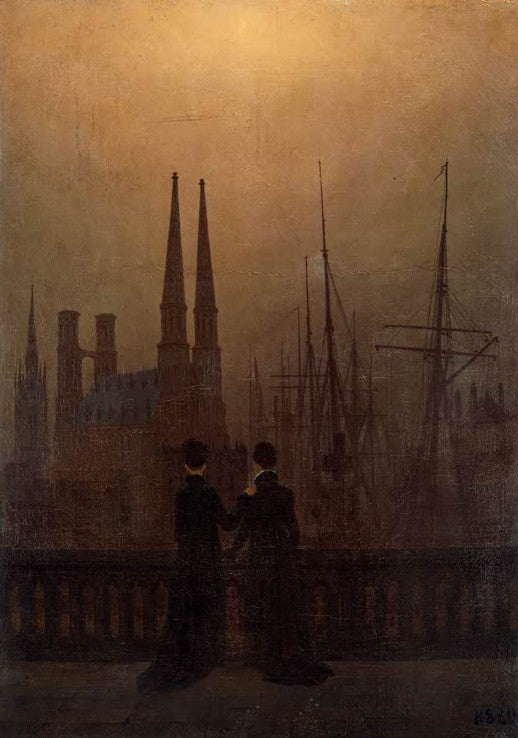 Zwei Frauen an Balustrade vor Hafen – Caspar David Friedrich Nächtlicher Hafen Kunstkopie