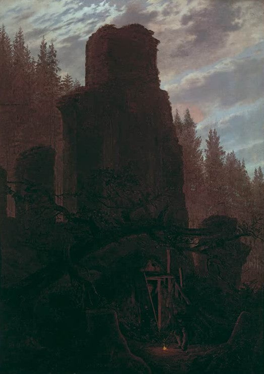 Felsruine zwischen Tannen, Lagerfeuer – Caspar David Friedrich Ruinen in der Abenddämmerung Kunstkopie