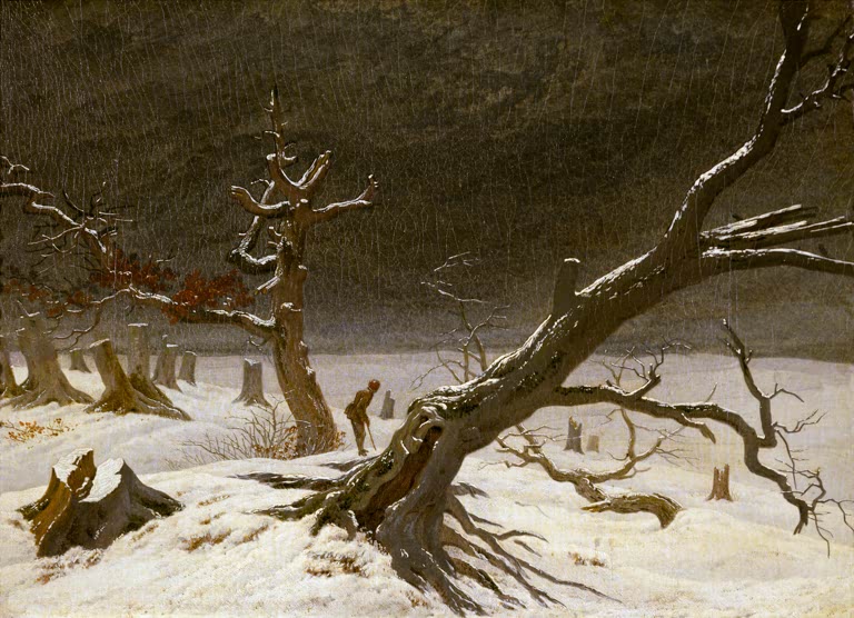 Verschneite Landschaft mit knorrigem Baum und Baumstümpfen – Caspar David Friedrich Winterlandschaft Kunstkopie