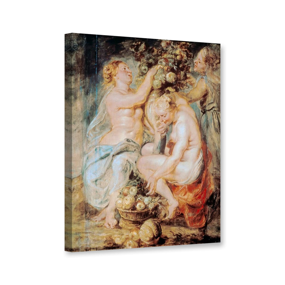 Ceres und zwei Nymphen mit Füllhorn, Ölskizze von Peter Paul Rubens als Leinwand – Perspektivansicht