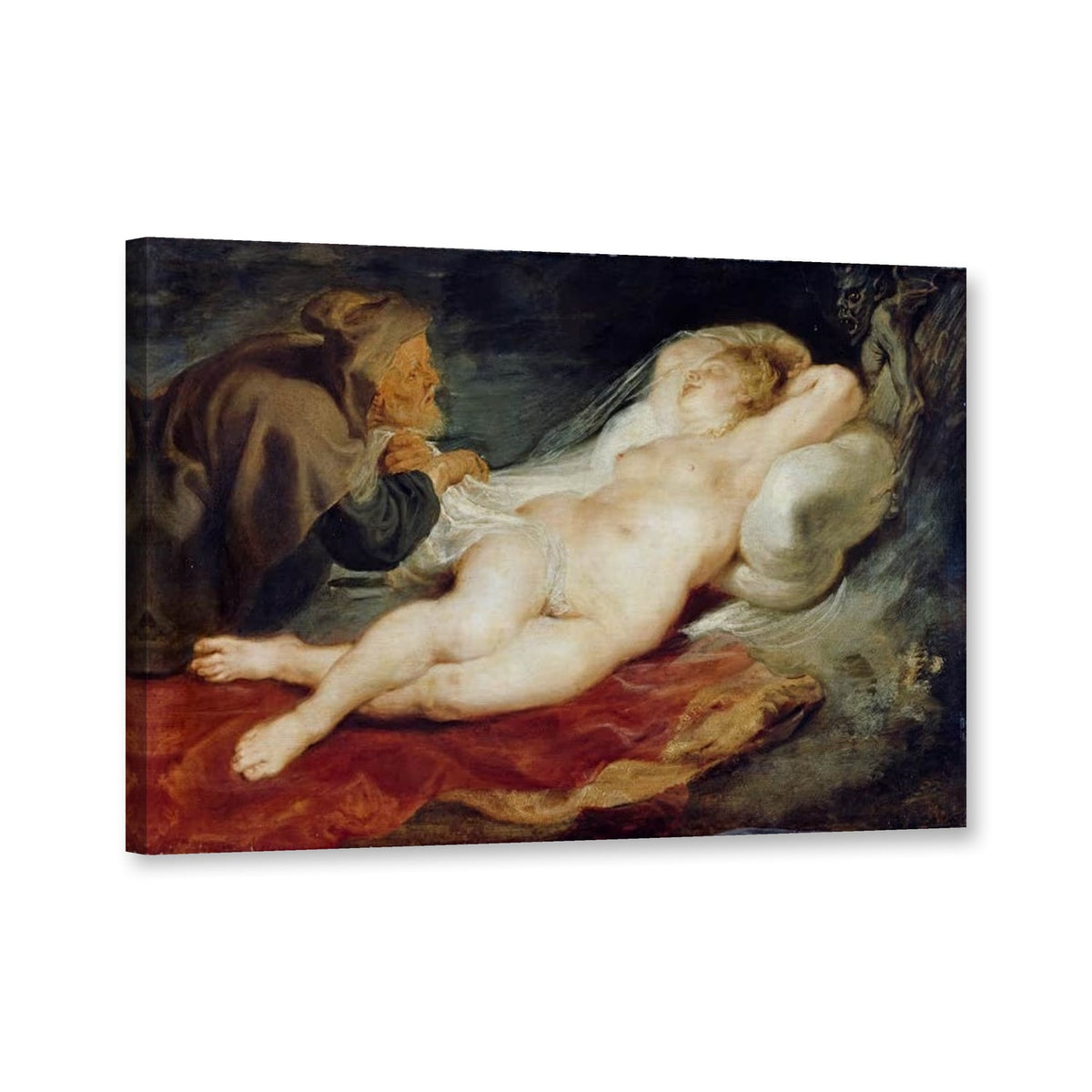 Der Einsiedler und die schlafende Angelica von Peter Paul Rubens als Leinwand – Perspektivansicht