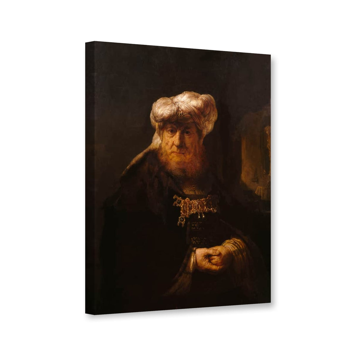 Der vom Aussatz befallene König Usia von Rembrandt van Rijn als Leinwand – Perspektivansicht