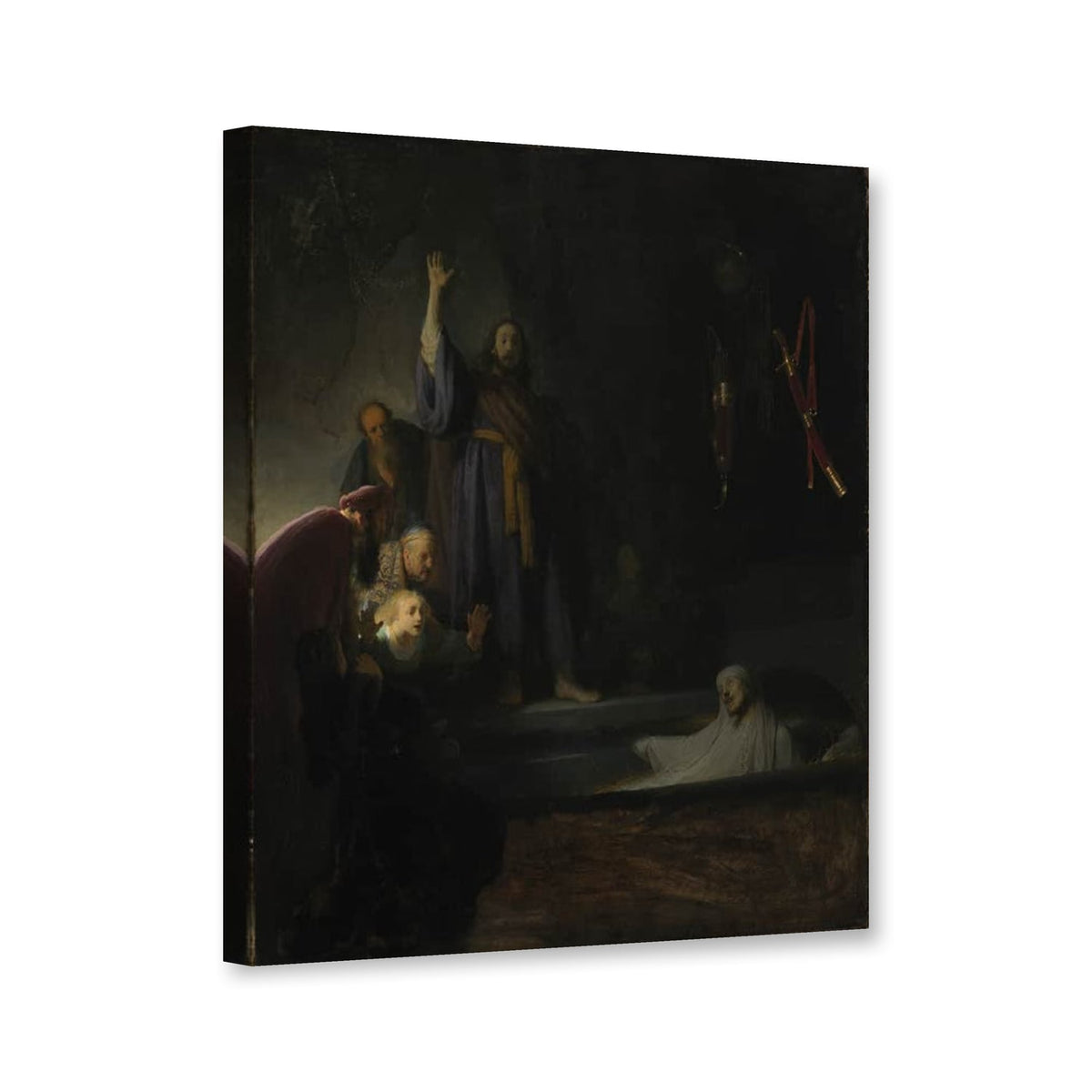 Die Auferweckung des Lazarus von Rembrandt van Rijn als Leinwand – Perspektivansicht