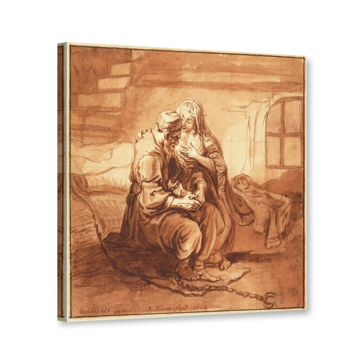 Die römische Nächstenliebe von Rembrandt van Rijn als Leinwand – Perspektivansicht