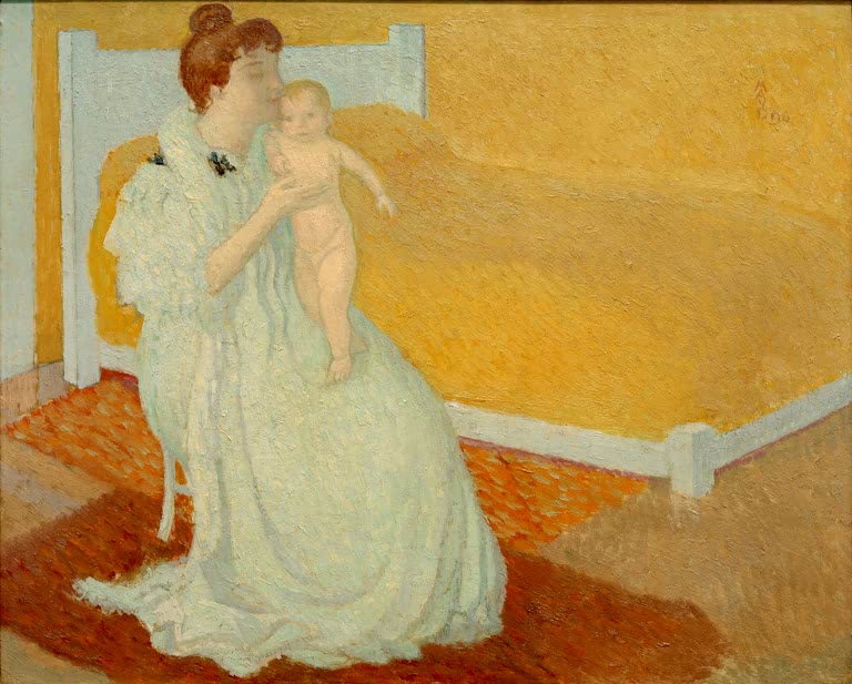 Mère et enfant au lit jaune