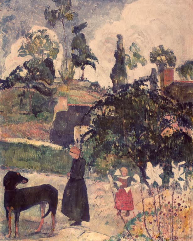 Rue de village avec enfants et chien