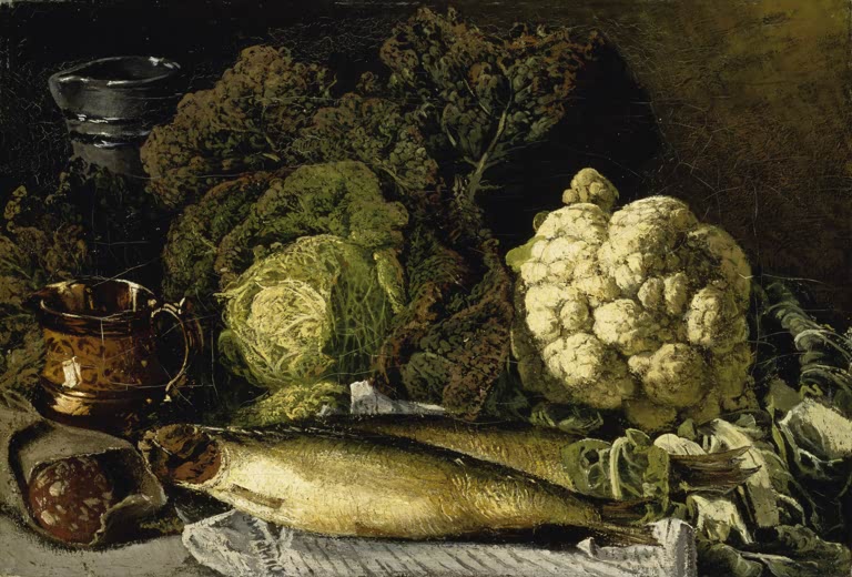 Stillleben mit Kohlköpfen und Fisch