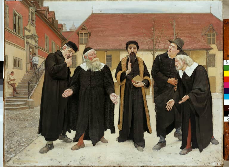 Calvin und die Professoren im Hof des Genfer Gymnasiums