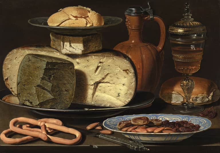 Stilleven met kazen, amandelen en krakelingen