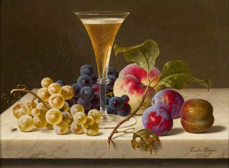 Stillleben mit Trauben, Pfirsich, Pflaumen und einer Champagnerflöte