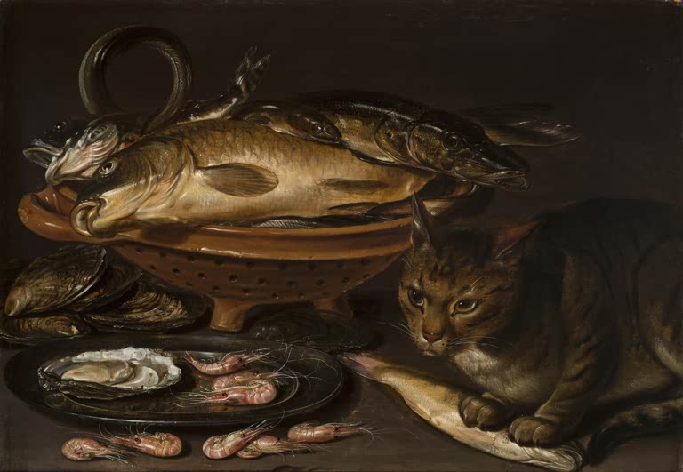 Stillleben mit Fisch und Katze