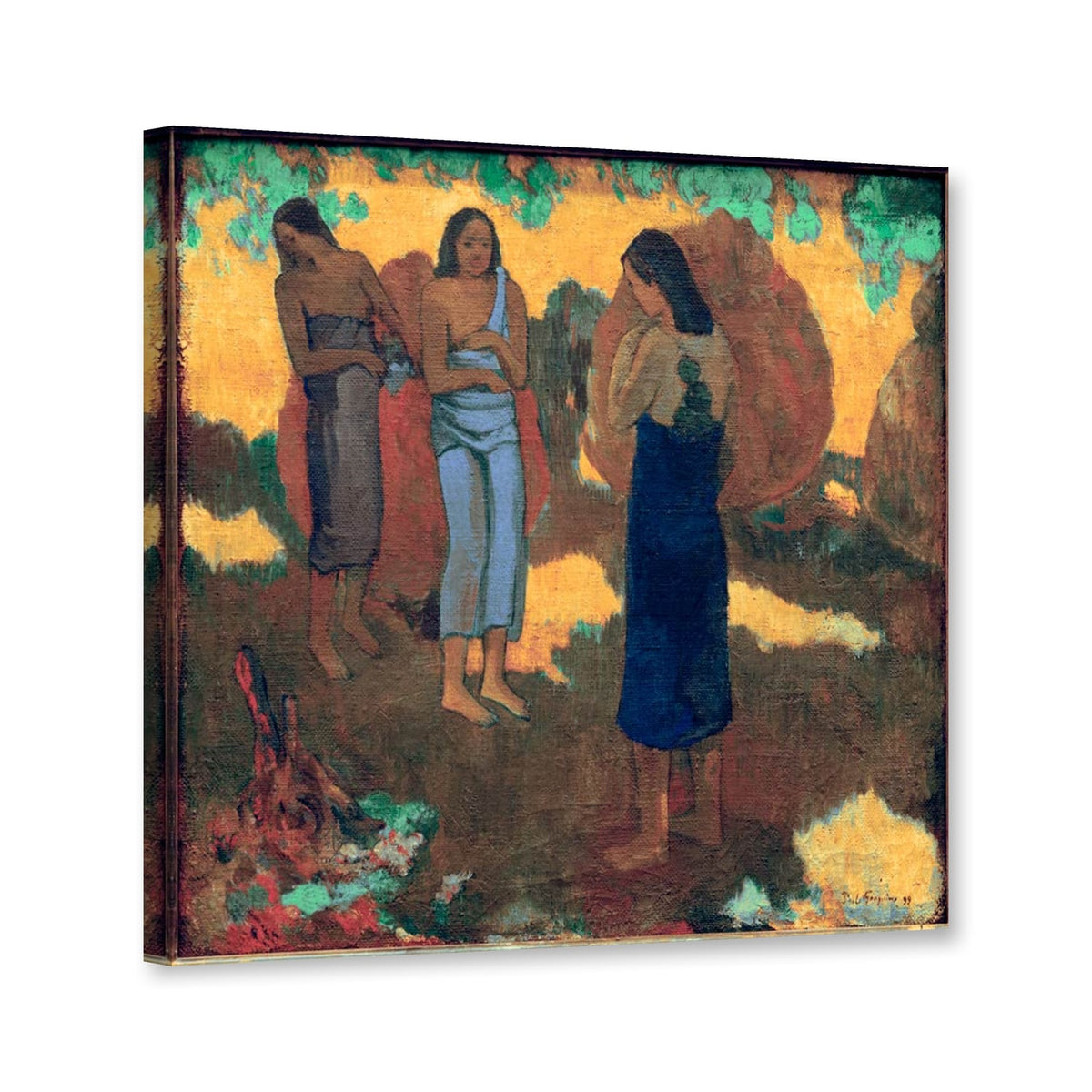 Drei Tahitianerinnen vor gelbem Grund von Paul Gauguin als Leinwand – Perspektivansicht
