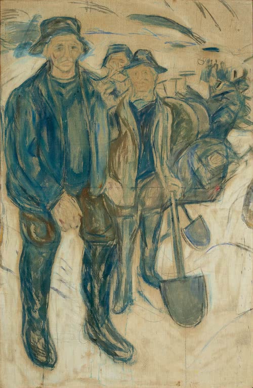 Zwei Männer in dunkler Arbeitskleidung mit Spaten stehen im Schnee – Edvard Munch Arbeiter im Schnee Kunstkopie