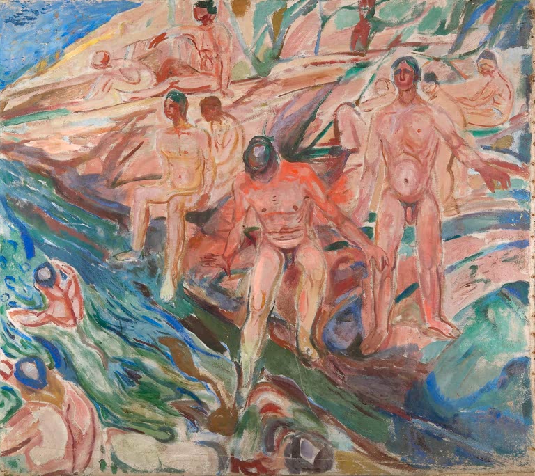 Nackte Männer stehen und liegen auf rosa Felsen am blauen Wasser – Edvard Munch Badende Männer auf Felsen Kunstkopie