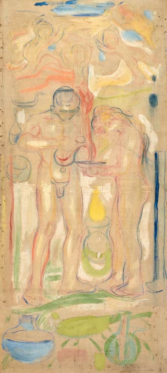 Zwei nackte Gestalten stehen in zarten Farben über Schalen und Gefäßen – Edvard Munch Chemie Kunstkopie