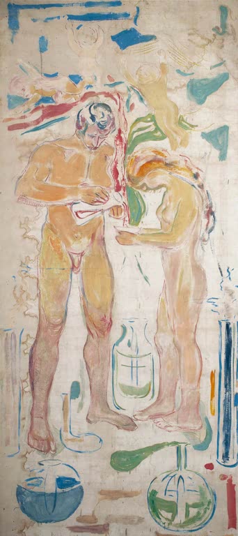 Zwei nackte Männer stehen in zarten Farben neben Glaskolben und Schalen – Edvard Munch Chemie Kunstkopie