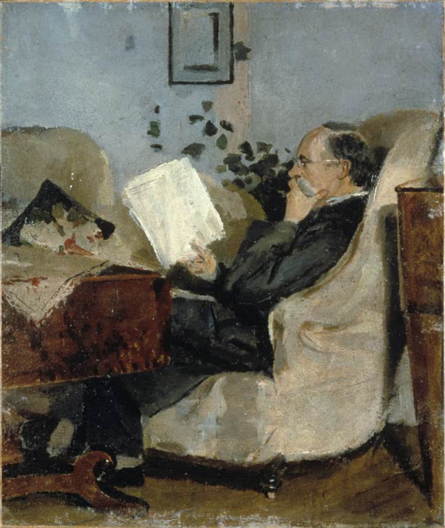 Älterer Mann liest im Lehnsessel eine Zeitung – Edvard Munch Christian Munch auf dem Sofa Kunstkopie