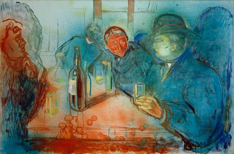 Männer mit Flaschen und Gläsern an einem Tisch in Blau und Rot – Edvard Munch Das erste Glas Kunstkopie