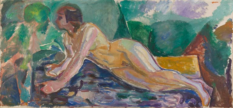 Nackte Frau liegt in grüner Landschaft auf blauem Tuch – Edvard Munch Das Geheimnis Kunstkopie