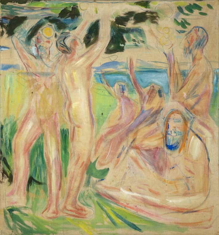 Nackte Gestalten mit erhobenen Armen unter einem Baum am Wasser – Edvard Munch Der Lebensbaum: rechter Teil Kunstkopie