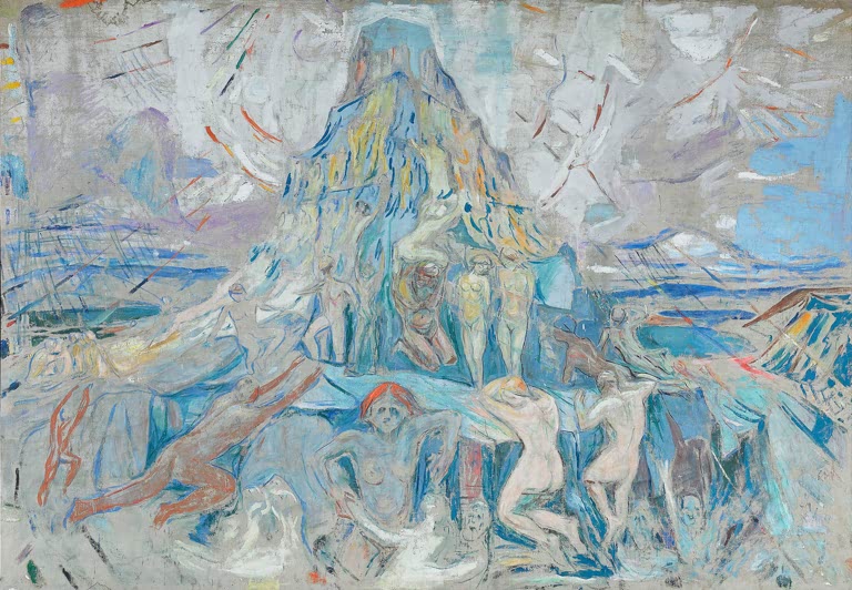 Berg aus Menschenleibern in Hellblau unter weitem Himmel – Edvard Munch Der Menschenberg Kunstkopie