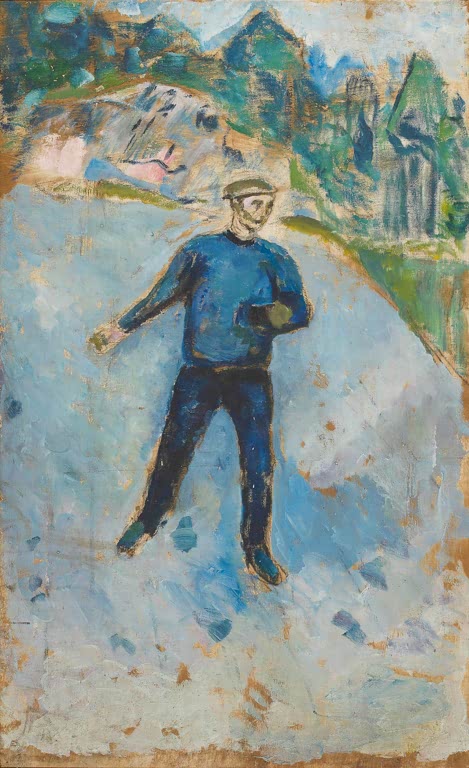 Mann in blauer Jacke geht über eine helle verschneite Fläche vor kleinem Dorf – Edvard Munch Der Säemann Kunstkopie